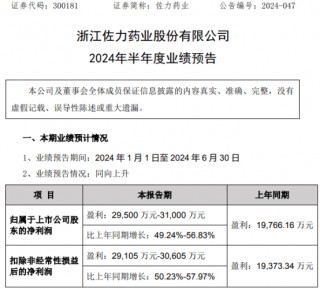 佐力药业2024年上半年预计净利2.95亿-3.1亿 中药配方颗粒销售收入增长