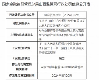 兴业银行太原大营盘支行被罚30万元：内部控制措施不到位