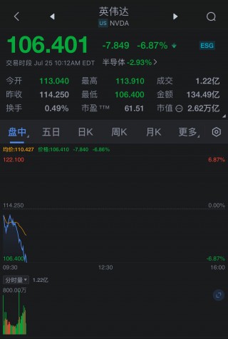 英伟达盘中一度下跌6.8%，跌至两个月来的最低点