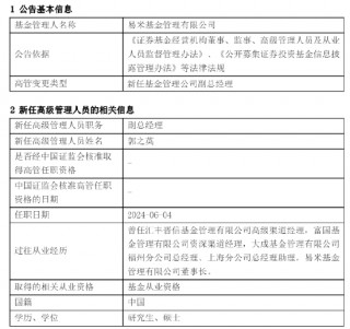 易米基金新任郭之英为副总经理 曾任职于富国基金、大成基金