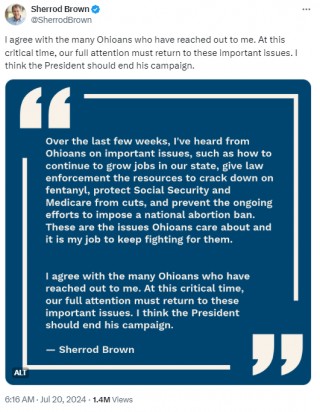 民主党参议员Sherrod Brown：拜登应当退选