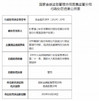 华夏银行宜昌分行被罚30万元：因贷后管理不尽职、信贷资金被挪用