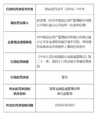 中国信达资产管理公司湖北分公司被罚25万元：非金债权收购尽调不尽职