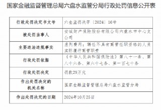 安诚财险六盘水市中心支公司被罚29万元：因虚列费用 聘任不具有高管任职资格的人员实际履行高管职责