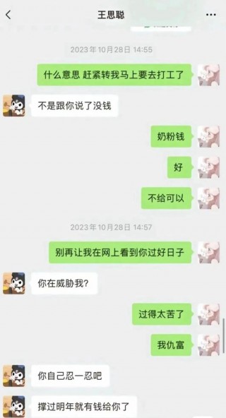 王思聪被要奶粉钱，回应撑过24年就有钱了