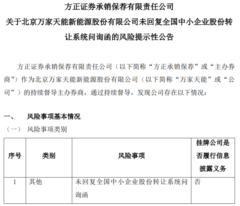 万家天能未回复全国中小企业股份转让系统问询函  第1张