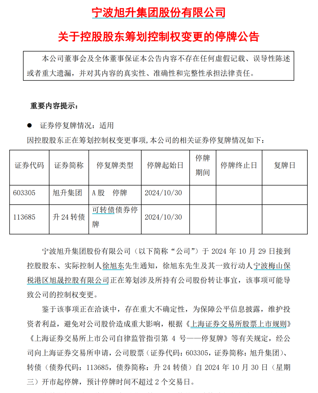 旭升集团停牌筹划公司股份转让，或导致控制权变更  第1张