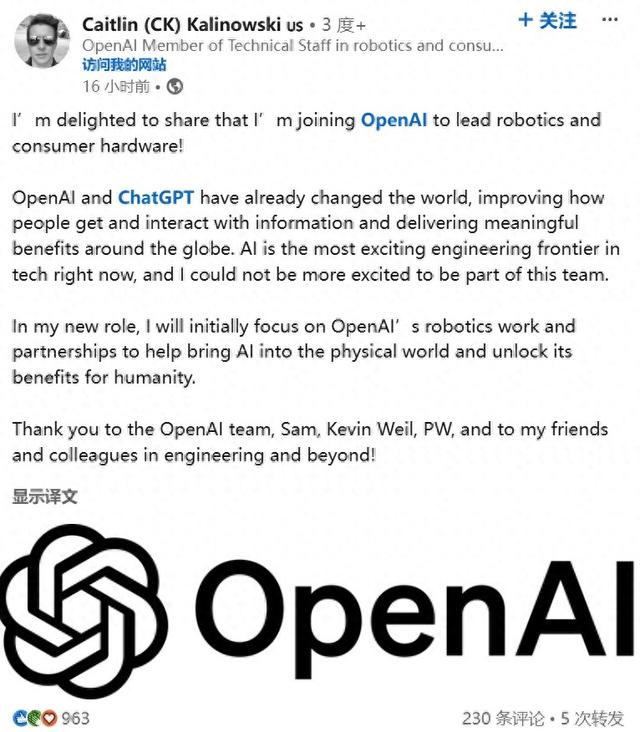 OpenAI变“硬”了！招揽Meta AR眼镜负责人领导机器人业务  第1张