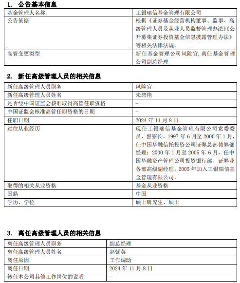 工银瑞信基金高管变更：副总经理赵紫英离任 新任朱碧艳为风险官  第1张