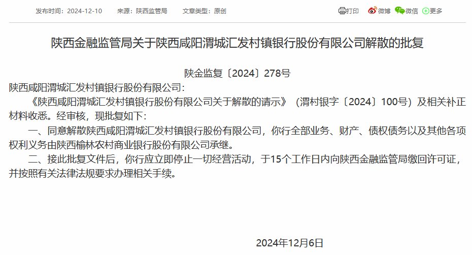 陕西两家村镇银行被吸收合并 榆林农商银行再承继两家村镇银行  第1张