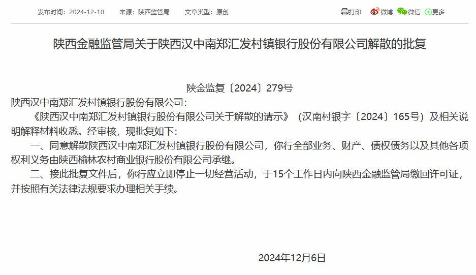 陕西两家村镇银行被吸收合并 榆林农商银行再承继两家村镇银行  第2张