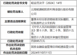 云南昭通昭阳农村商业银行被罚85万元：董事未经任职资格核准实际履职、未经批准终止分支机构