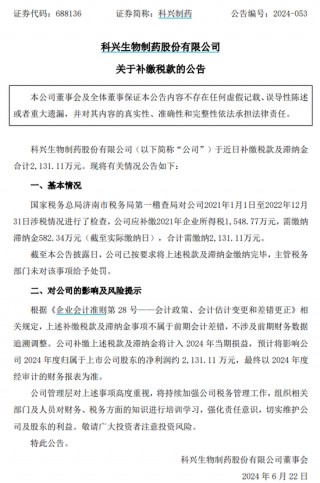 突发！科兴制药被要求补税及滞纳金2131万元