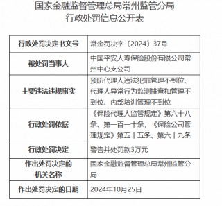 平安人寿常州中心支公司被罚3万元：因预防代理人违法犯罪管理不到位等违法违规行为