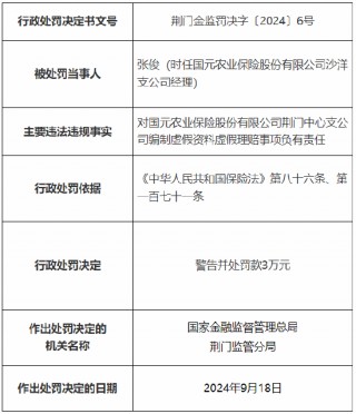 国元农险荆门中心支公司被罚26万元：因编制虚假资料套取费用、编制虚假资料虚假理赔