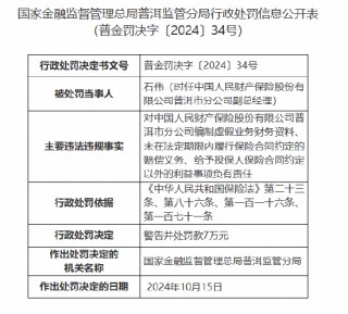 人保财险普洱市分公司被罚91万元：因编制虚假业务财务资料等违法违规行为