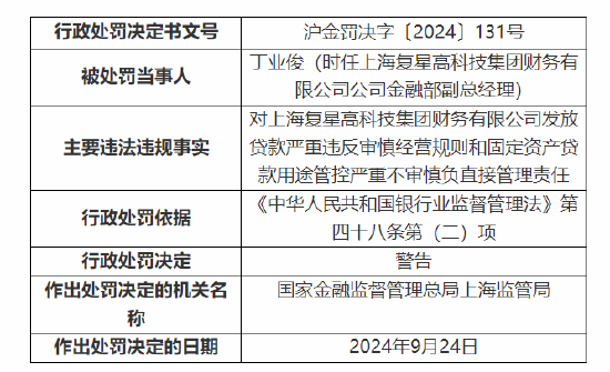 复星旗下财务公司被罚70万元：因发放贷款严重违反审慎经营规则 固定资产贷款用途管控严重不审慎  第2张